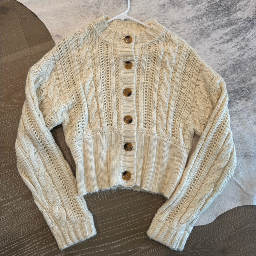 L'Academie Cream Cable Knit Cardigan Sweater